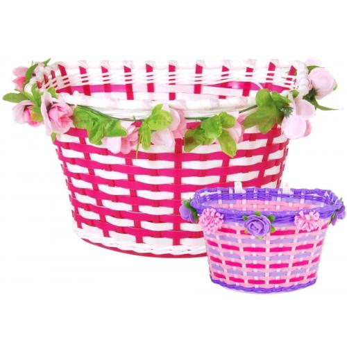 Koszyk rowerowy z plecionką Volare - Kwiaty - Dziewczyny - Biało/Różowy lub Fioletowy/Różowy